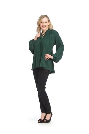 PT-15004 - Permanent Pleated Long Sleeve Blouse with Tie Neck  - Colors: Black, Emerald  - Available Sizes:XS-XXL - Catalog Page:48 